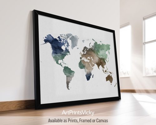 World map poster featuring watercolors in rich tans, blues, greens, and grays by ArtPrintsVicky.