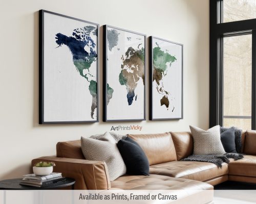 World map triptych in earthy watercolor style. Each panel features continents and oceans in shades of brown, green, and dashed blues by ArtPrintsVicky.