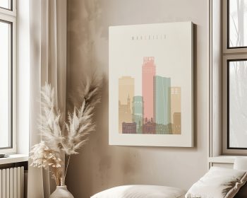 Art print featuring a stylized cityscape of Marseille with colorful buildings and the word 'Marseille' at the top.