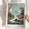 Framed vintage landscape print of Maryland featuring mountains and a river with trees.