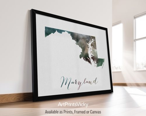 Earthy watercolor print of the Maryland state map, with 