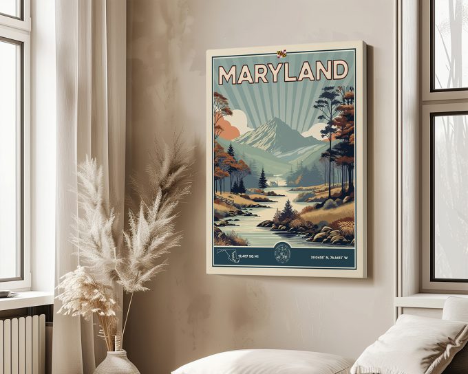Retro poster artwork featuring mountains, trees, and a river with the word 'Maryland' at the top.