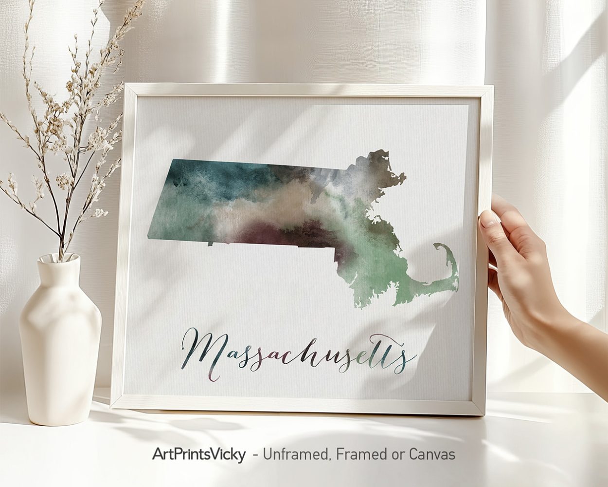 Art print featuring the outline of Massachusetts with a watercolor effect in shades of green and blue.