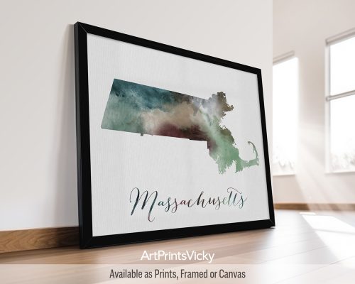 Earthy watercolor print of the Massachusetts state map, with "Massachusetts" written below in handwritten script, on a textured background. Perfect for lovers of New England, Cape Cod, and Boston by ArtPrintsVicky.