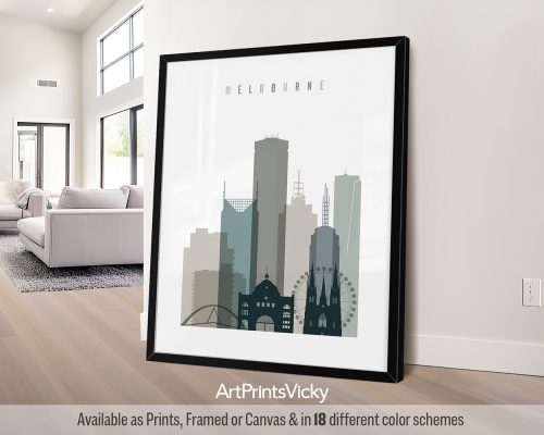 Melbourne skyline print in an earth tones palette: deep blues, muted greens, cool browns, and shades of gray. Textured design adds contemporary feel by ArtPrintsVicky.
