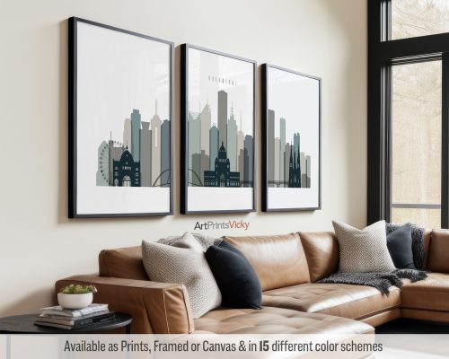 Minimalist Melbourne skyline triptych featuring iconic skyscrapers, and vibrant cityscape in a cool, natural "Earth Tones 4" palette, divided into three prints. by ArtPrintsVicky.