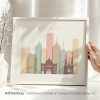Art print of Melbourne city skyline featuring notable buildings and structures.