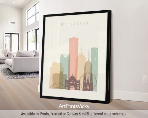 Melbourne city skyline print in pastel cream theme by ArtPrintsVicky