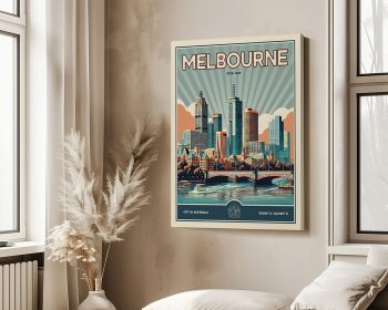 Retro-style poster featuring the skyline of Melbourne with a bridge and palm trees.