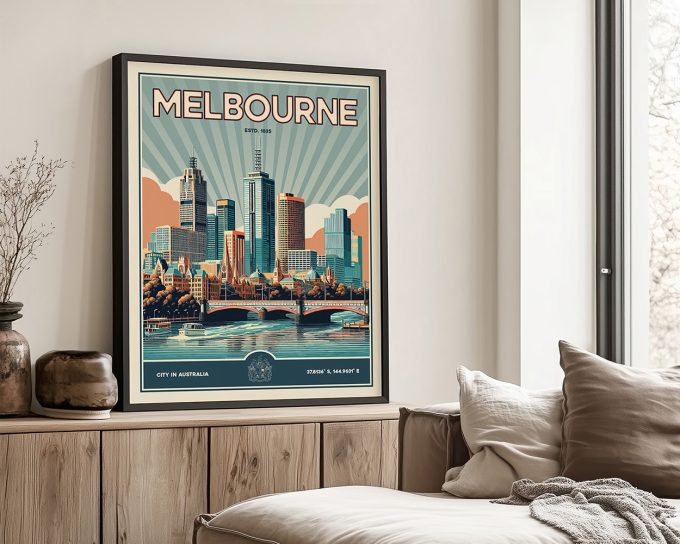 Retro-style print of Melbourne city skyline with the word 'Melbourne' at the top.
