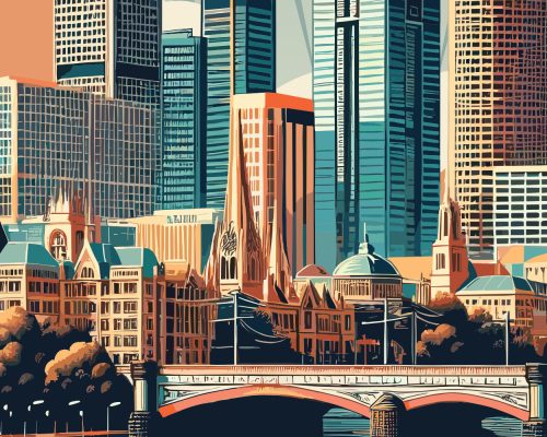 Illustration of Melbourne cityscape featuring modern skyscrapers and historic buildings.