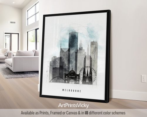 Melbourne skyline featuring Federation Square, Flinders Street Station, and other landmarks in a minimalist Urban 1 style by ArtPrintsVicky.