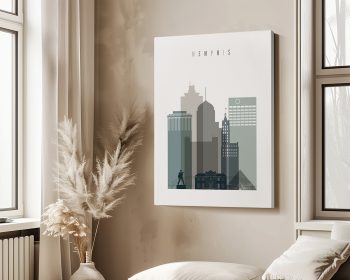 Stylized illustration of the Memphis city skyline with various buildings in shades of gray.