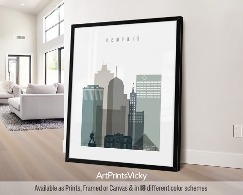 Memphis skyline featuring iconic landmarks like Beale Street and the Pyramid in a calming Cool Earth Tones 4 color palette, by ArtPrintsVicky.