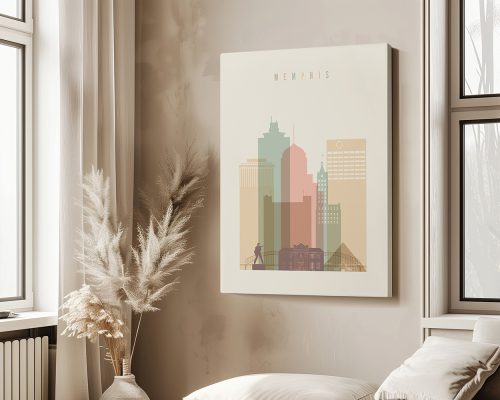 Art print featuring a stylized depiction of the Memphis city skyline with pastel colors.