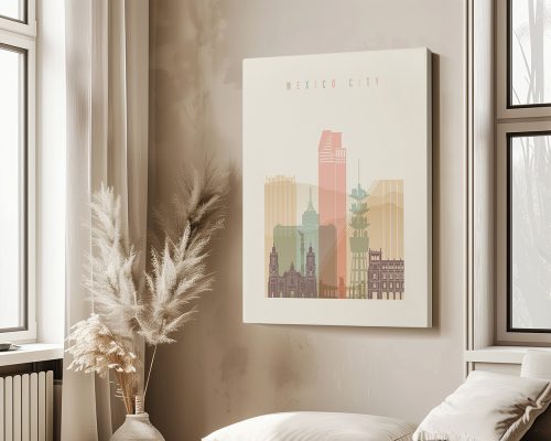 Art print featuring a stylized illustration of Mexico City skyline with various buildings.