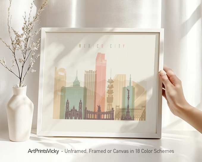 Art print of Mexico City featuring iconic buildings and landmarks in a stylized design.