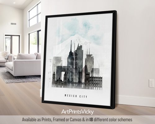 Minimalist Mexico City skyline featuring bold lines and geometric shapes in the Urban 1 style. Art print by ArtPrintsVicky.