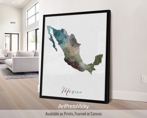 Earthy watercolor painting of the Mexico map on a textured off-white background. Perfect for Mexico enthusiasts and travel lovers by ArtPrintsVicky.