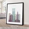 Art print featuring a stylized depiction of the Miami city skyline with buildings in various shades.