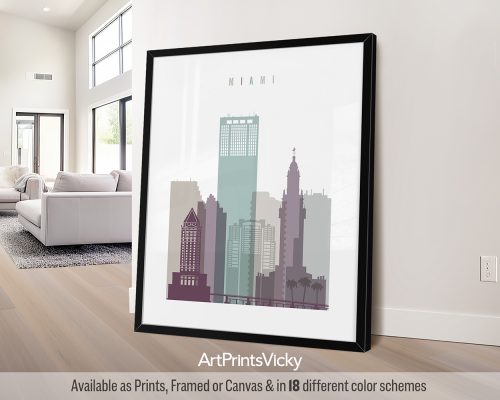 Miami wall art print featuring iconic Art Deco buildings, and a vibrant cityscape in a cool and sophisticated Pastel 2 style. by ArtPrintsVicky.