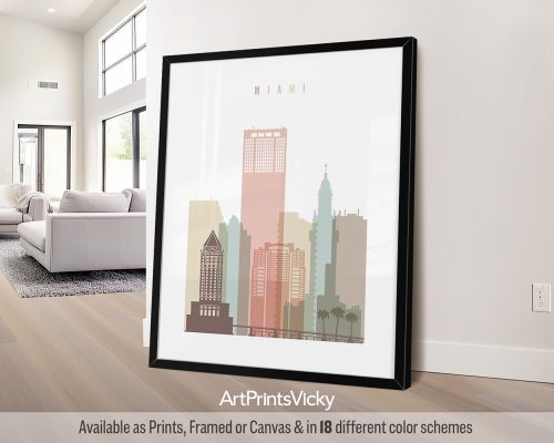 Minimalist Miami city poster featuring Art Deco architecture, palm trees in a soft Pastel White color palette, by ArtPrintsVicky.