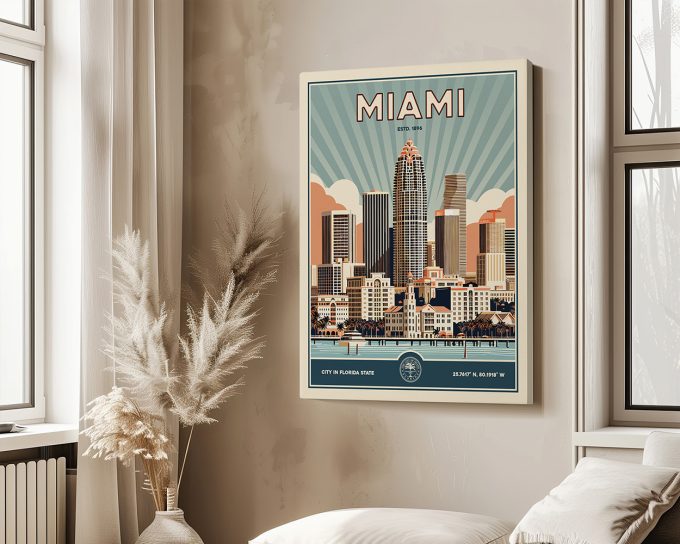Retro-style poster of Miami featuring skyscrapers and a sunburst background.