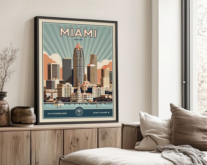 Retro-style poster of Miami featuring the city skyline and text 'MIAMI' at the top.