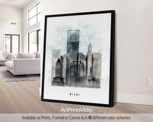 Miami skyline with Art Deco buildings and palm trees in a minimalist Urban 1 style by ArtPrintsVicky.