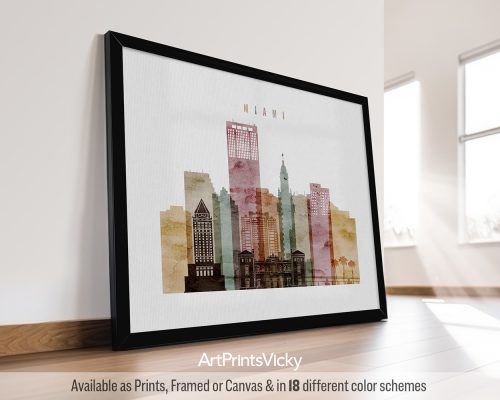 Miami landscape skyline featuring beaches, Art Deco architecture, and the vibrant cityscape in a rich and textured Watercolor 1 style, by ArtPrintsVicky.