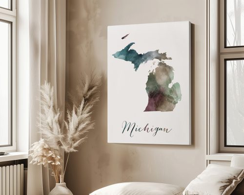 Artistic representation of the state of Michigan with watercolor effects and the name 'Michigan' below.