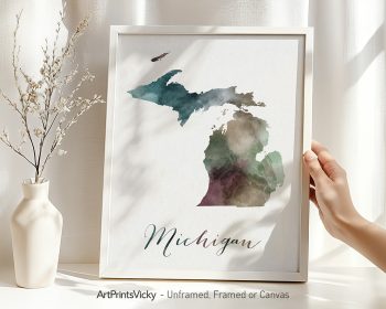 Art print of the state of Michigan in watercolor style with the name 'Michigan' below it.