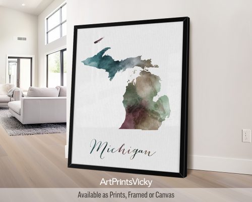 Michigan watercolor map poster with handwritten title by ArtPrintsVicky