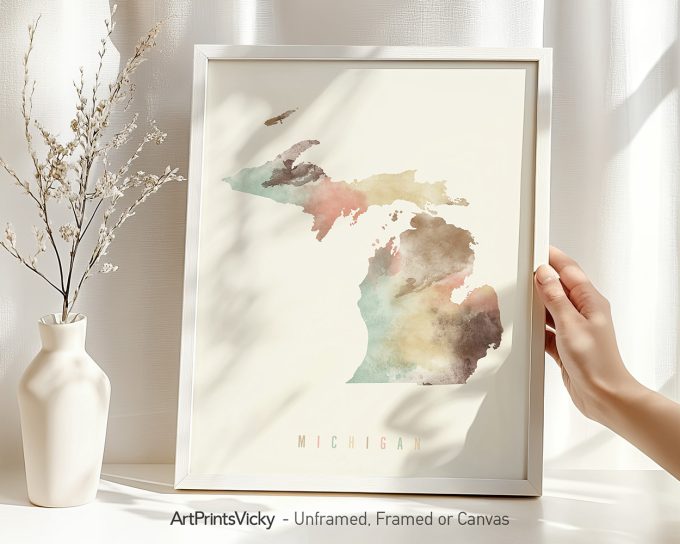 Watercolor illustration of the state of Michigan in soft pastel colors.