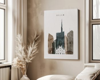 Art print of a cityscape featuring Milan's skyline with various buildings and structures.