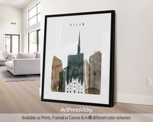 Milan skyline featuring the Duomo, Galleria Vittorio Emanuele II, and other landmarks in a vibrant Watercolor 2 style by ArtPrintsVicky.