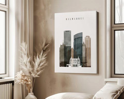 Art print featuring a stylized cityscape of Milwaukee with prominent buildings and a historical structure.