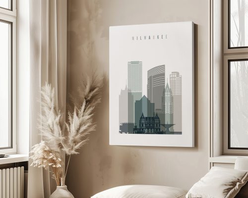 Art print featuring a stylized cityscape of Milwaukee with notable buildings and the word 'Milwaukee' at the top.
