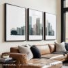 Three framed art prints depicting a cityscape of Milwaukee in various shades of gray.