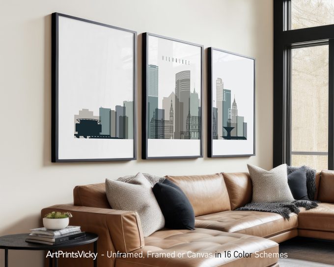 Three framed art prints depicting a cityscape of Milwaukee in various shades of gray.