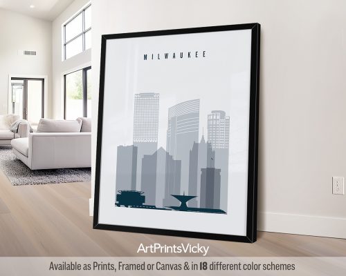 Milwaukee city poster in minimalist Grey Blue style by ArtPrintsVicky