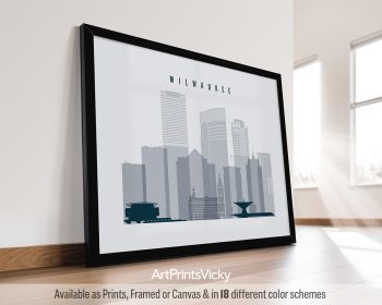Framed print of the Milwaukee city skyline featuring buildings in gray tones.