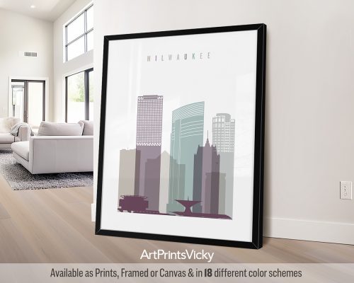Milwaukee wall art print featuring the Milwaukee Art Museum, iconic landmarks, and vibrant cityscape in a cool and sophisticated Pastel 2 style. by ArtPrintsVicky.