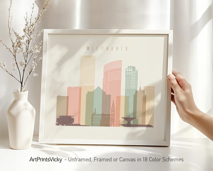 Art print of the Milwaukee city skyline featuring various buildings in pastel colors.
