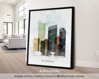 Art print of Milwaukee city skyline featuring various buildings in a watercolor style.