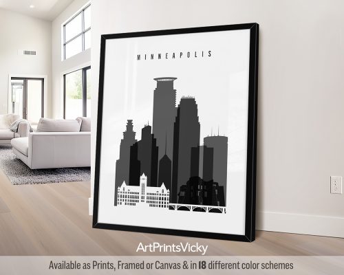 Black and white Minneapolis skyline art print by ArtPrintsVicky