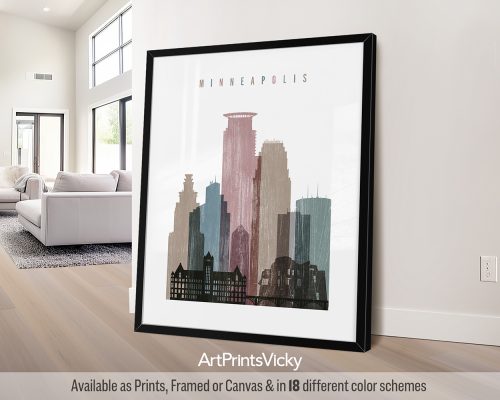 Distressed Minneapolis city poster with a subtle vintage texture, featuring iconic landmarks, the Stone Arch Bridge, by ArtPrintsVicky.