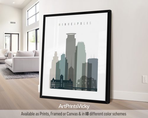 Minneapolis minimalist city print in cool Earth Tones 4 style. Features modern skyline by ArtPrintsVicky