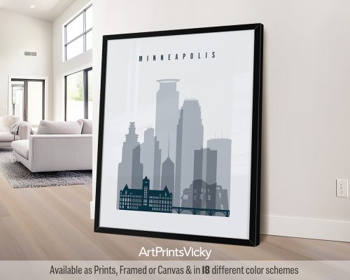 Minneapolis city poster in minimalist Grey Blue style by ArtPrintsVicky