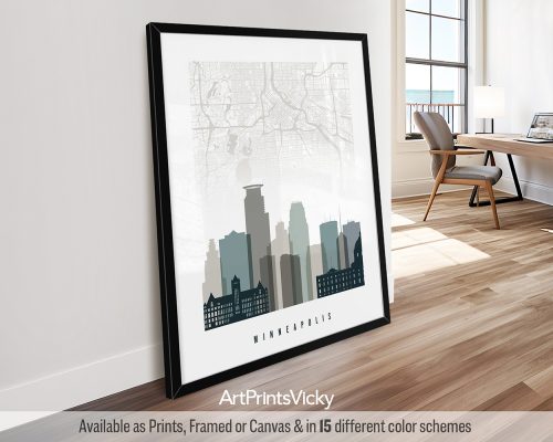 Minneapolis Map and Skyline Print in Cool Earth Tones
